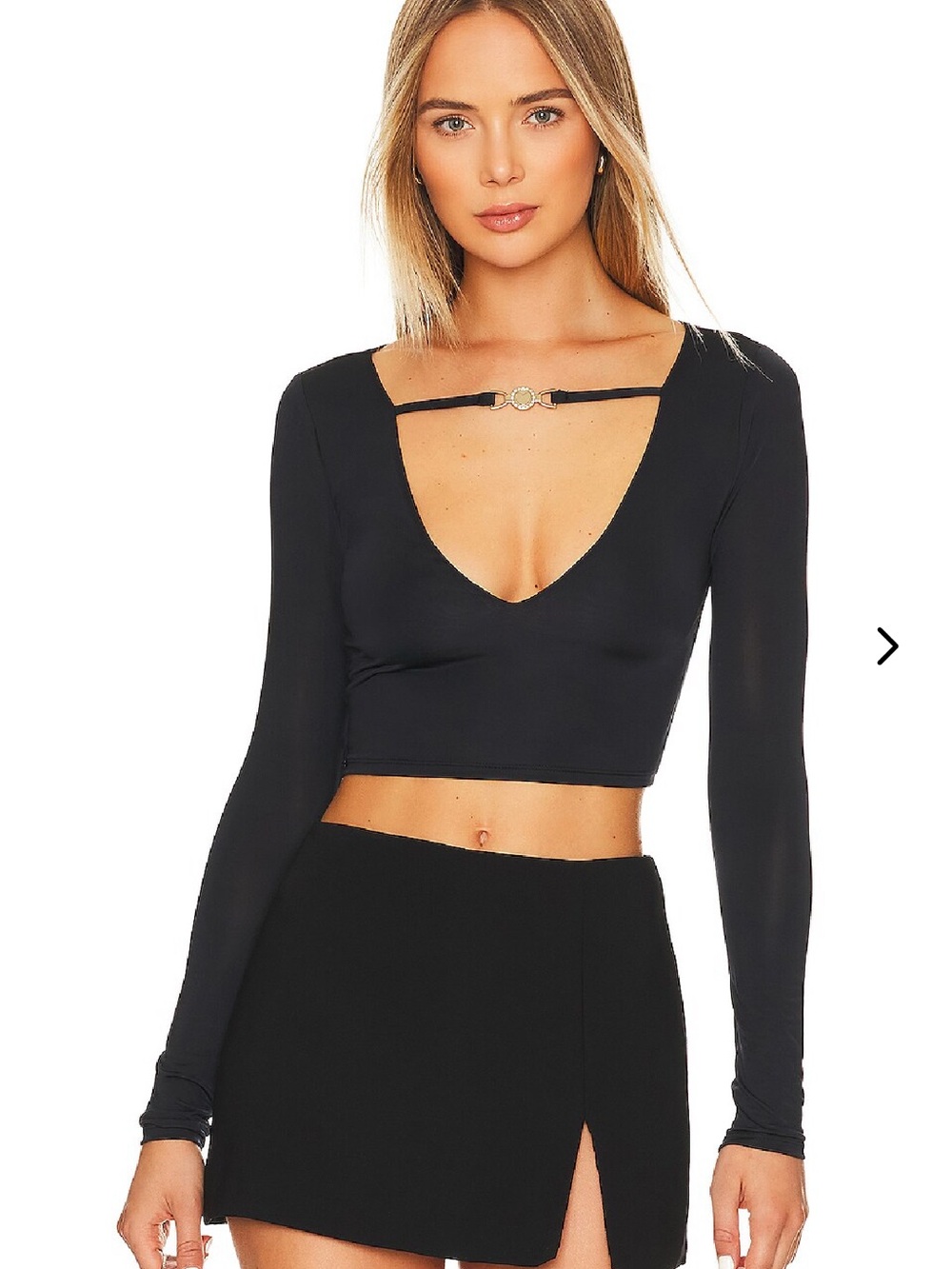 Lovers + Friends Black Long-Sleeve Plunge Crop Top with Decorative Bar